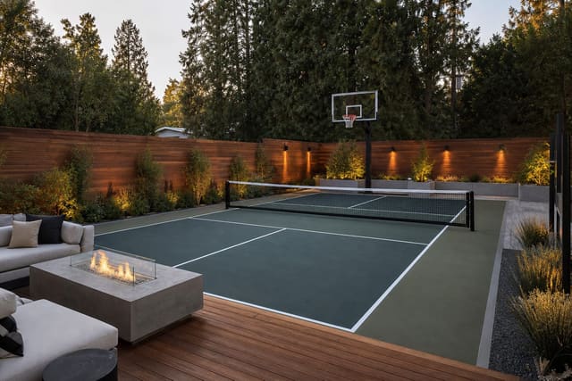 backyard multi-sport court with pickleball lines, a half basketball hoop, cedar privacy fencing, low planting, and warm path lighting