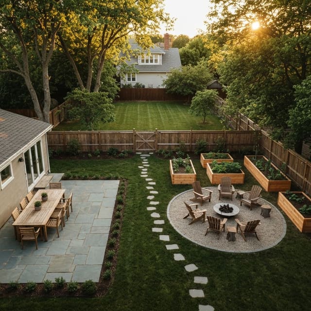 A zoned backyard with a patio, garden beds, and a fire pit area
