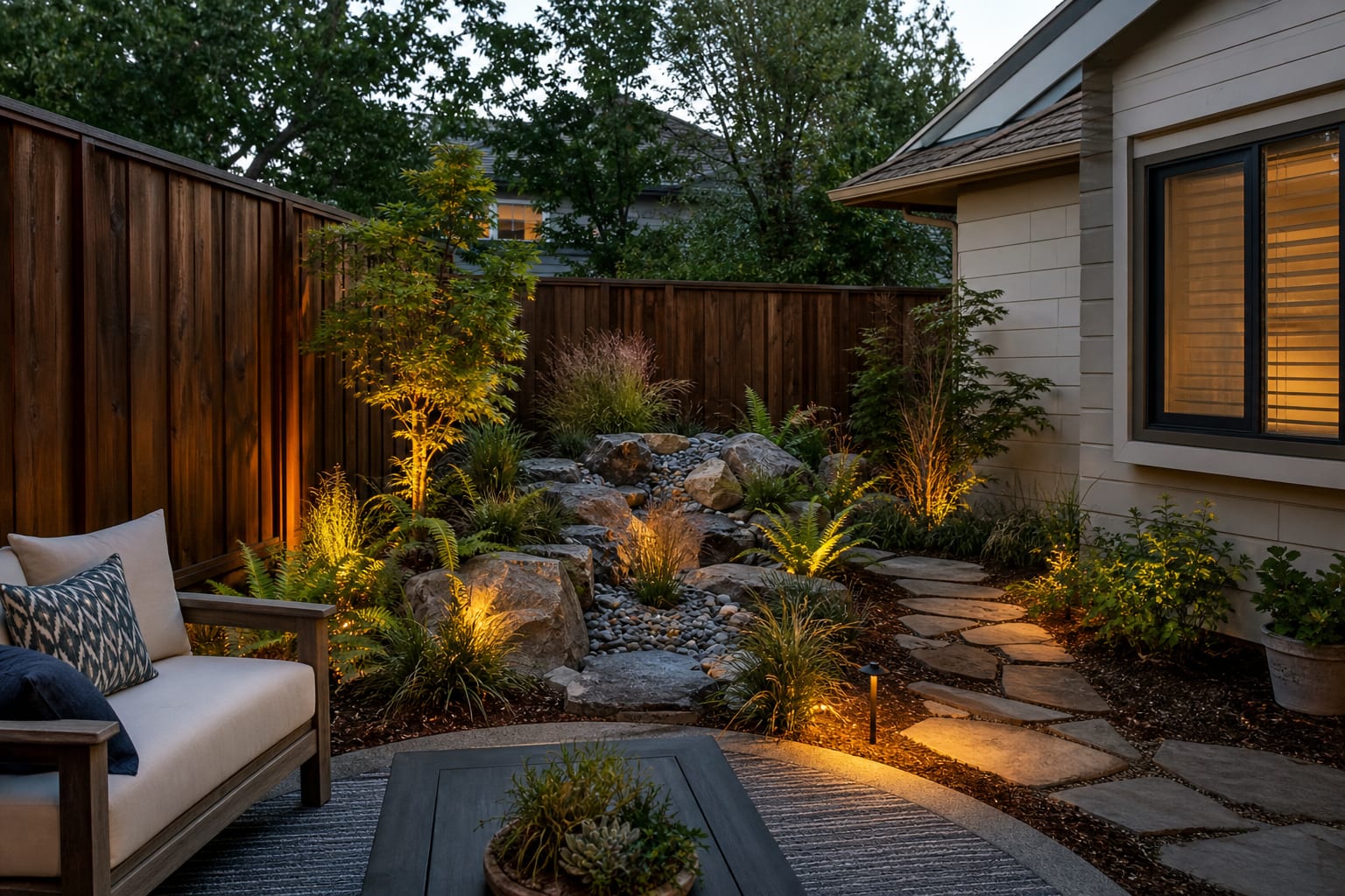 same garden corner with a pondless rock waterfall, gravel reservoir, layered boulders, grasses, ferns, and a narrow stepping-stone service path