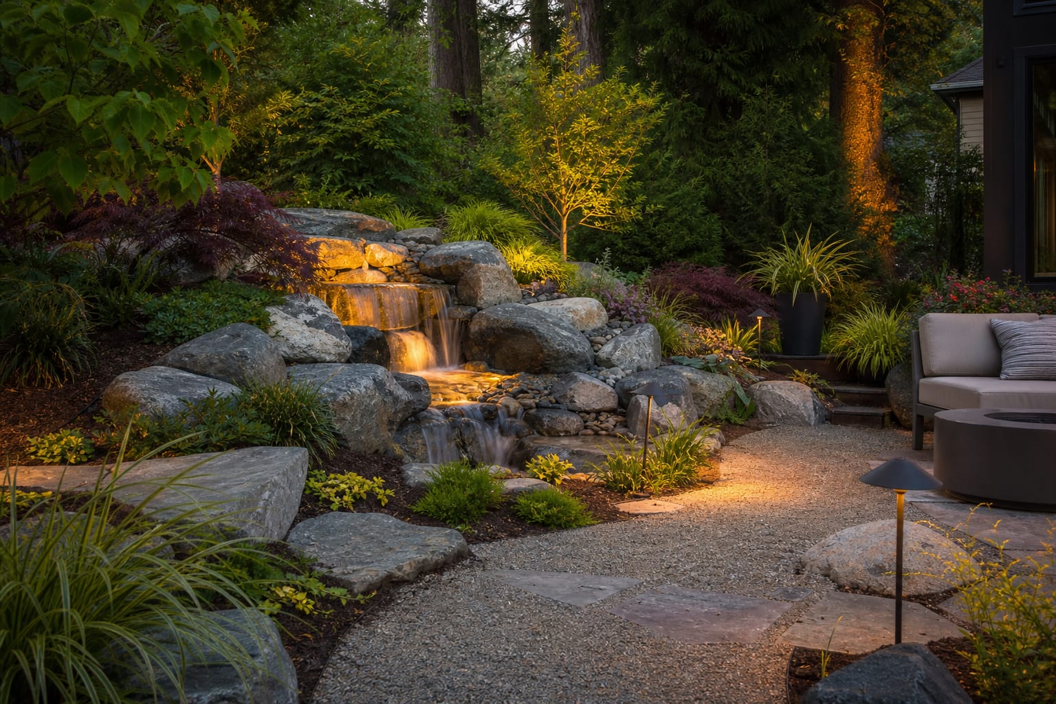 pondless rock waterfall tucked into a planted garden bed with low boulders, ornamental grasses, and a gravel path nearby