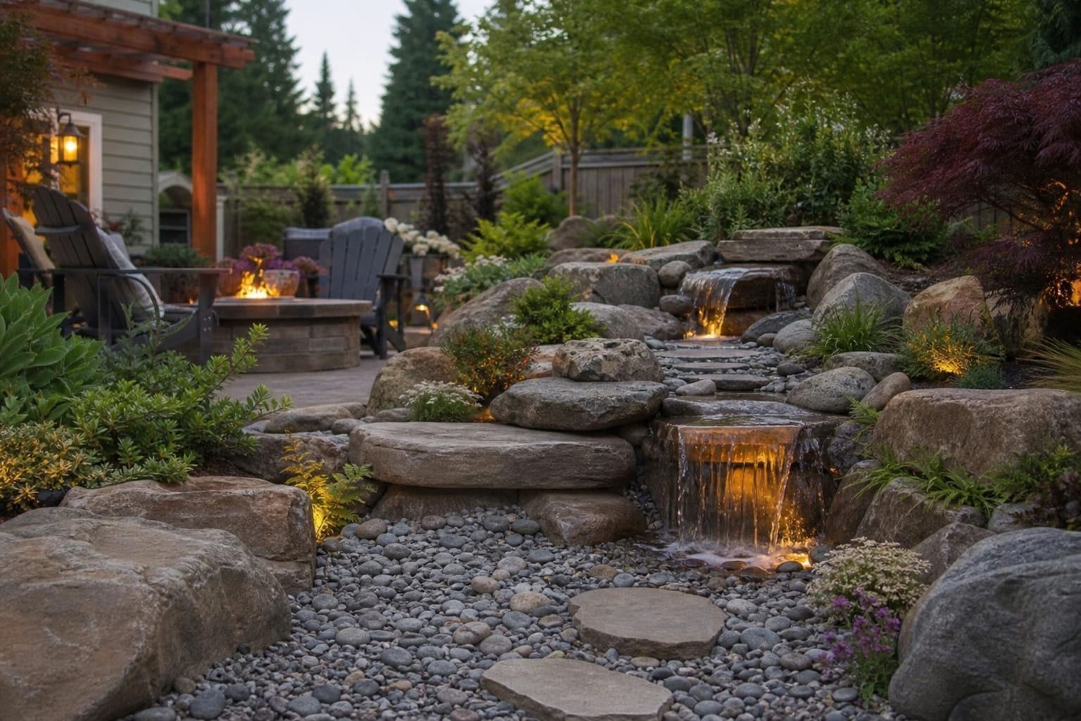 pondless waterfall construction detail with gravel basin, flat spill stones, boulder edges, and planting pockets in a backyard garden