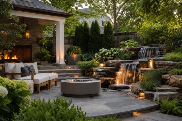 Backyard Waterfall Ideas: The Garden Feature That Brings Calm shown as a photorealistic outdoor redesign with layered materials, planting, lighting, and clear circulation