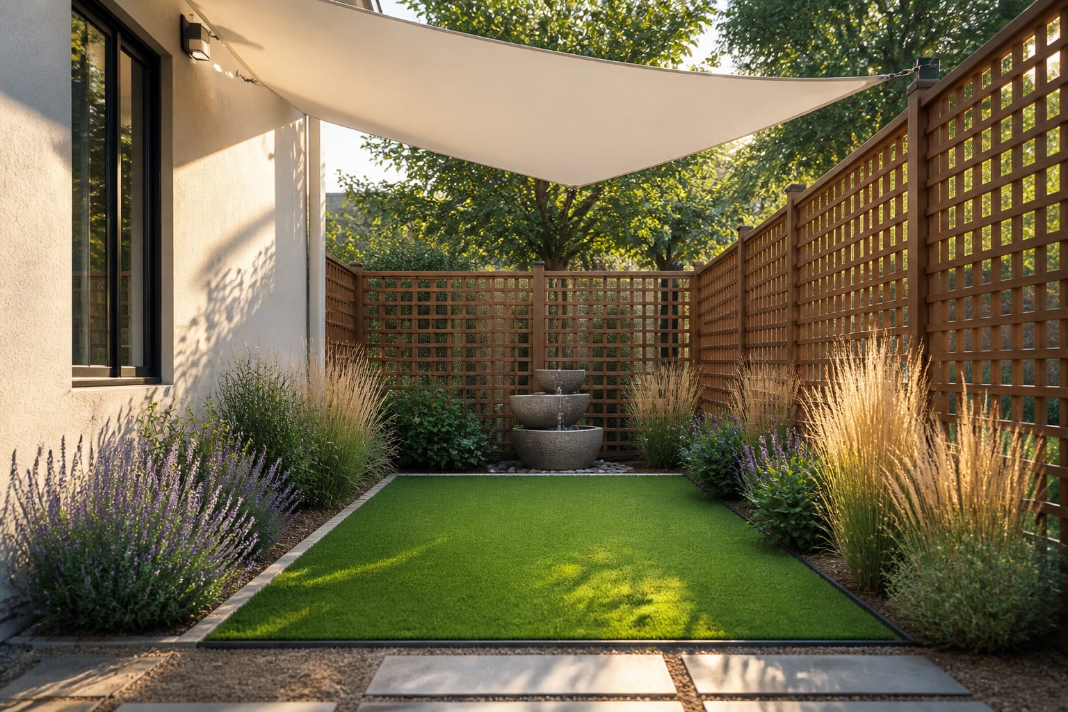 The same side yard transformed into a serene wellness corner with a turf yoga pad, lavender border, shade sail, and cedar privacy screen