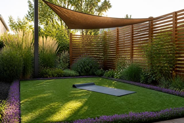 Serene backyard wellness corner with a turf yoga pad, lavender border, shade sail, and cedar privacy screen