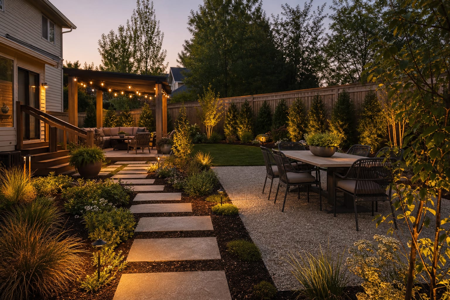 backyard divided into a gravel dining zone, shaded lounge area, planted privacy edge, and stepping-stone circulation path