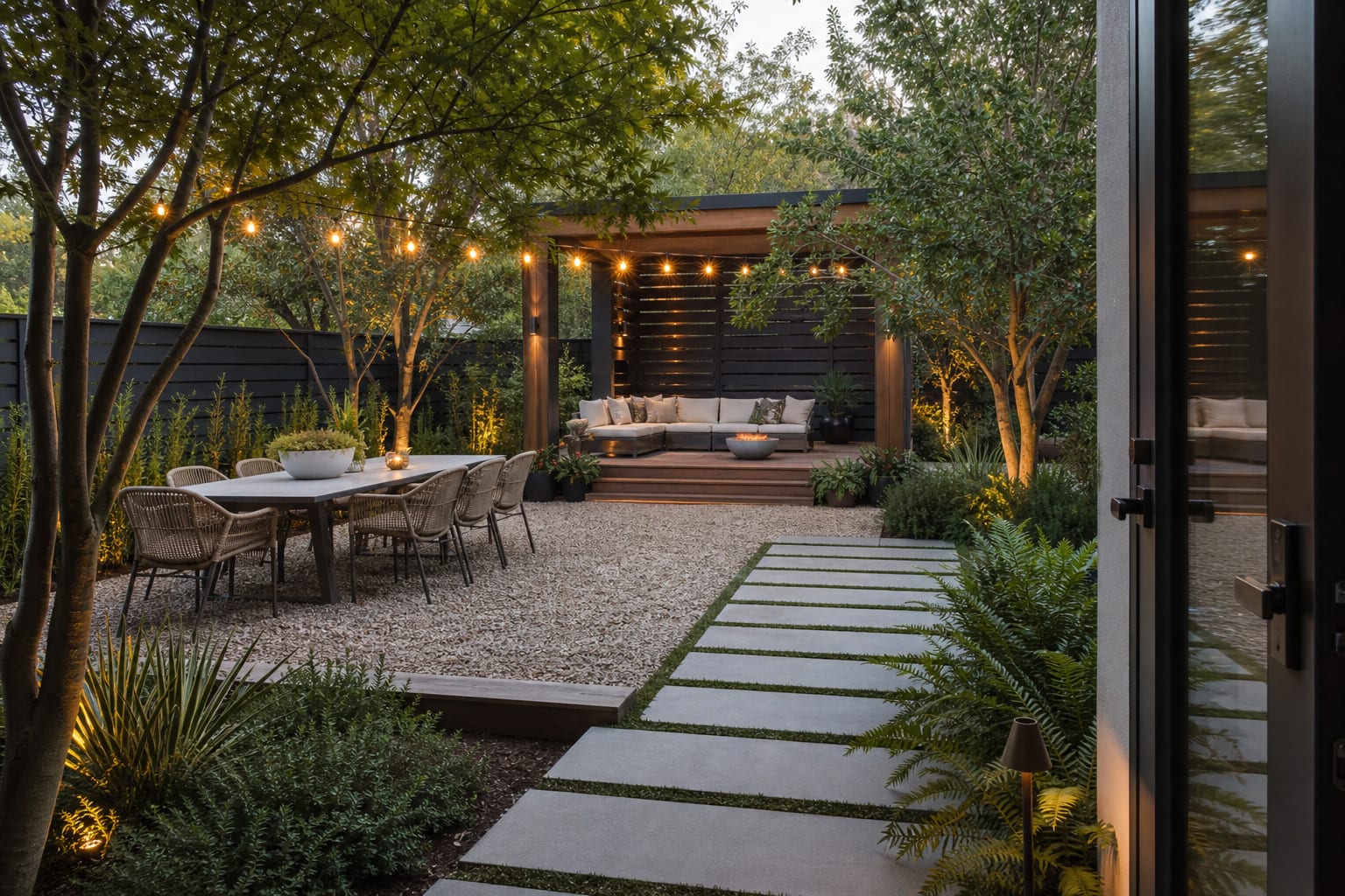 zoned backyard with gravel dining area, shaded lounge, planted privacy edge, and clear stepping-stone path from the house
