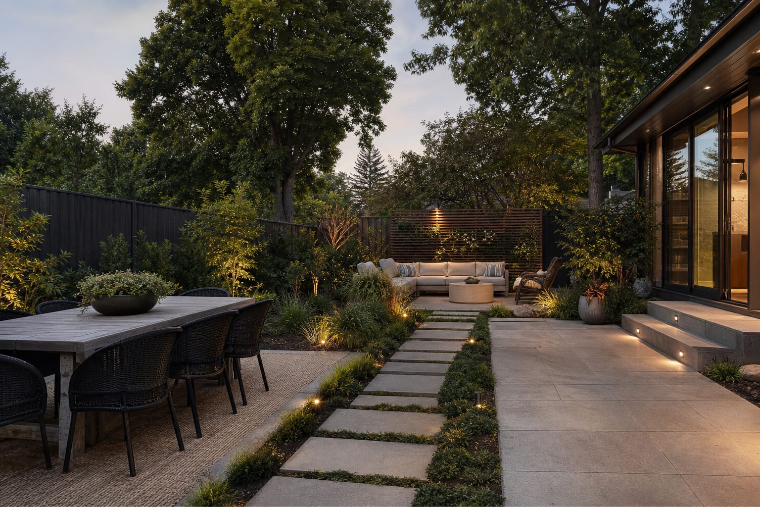 AI-style backyard preview showing alternate outdoor room layouts with dining, lounge, path, and planting zones