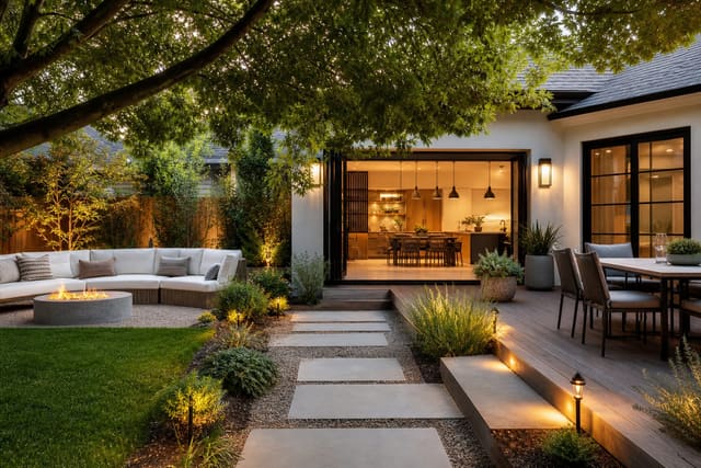 Backyard Zone Planning Guide: How to Divide Your Yard Into Outdoor Rooms shown as a photorealistic outdoor redesign with layered materials, planting, lighting, and clear circulation