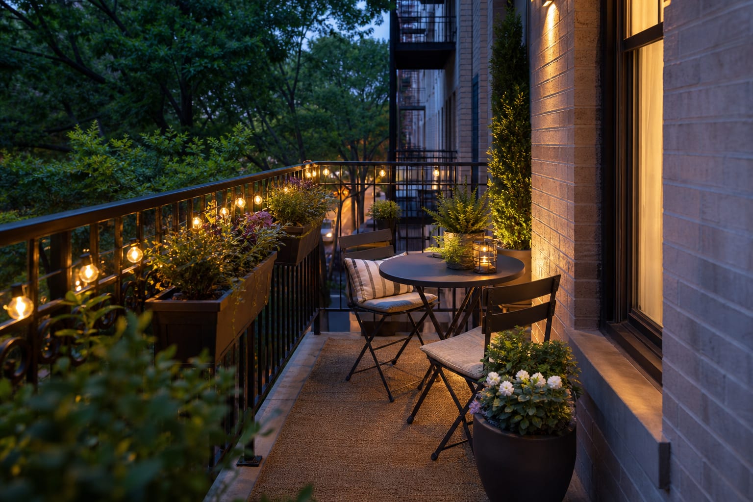 same balcony with a compact round bistro table, slim folding chairs, railing planters, warm lighting, and open circulation