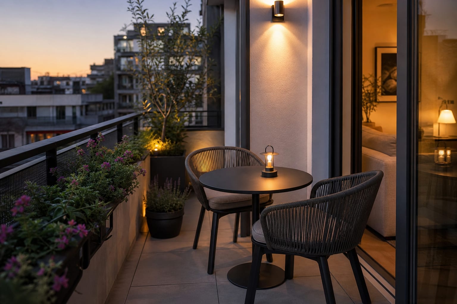 compact apartment balcony with a slim black bistro table, two woven chairs, rail planters, and warm evening lighting