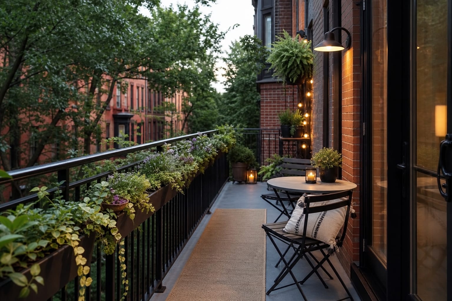small balcony bistro table with folding chairs, shallow rail planters, flat outdoor rug, and a preserved walking lane