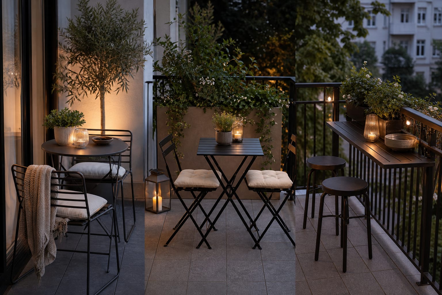 AI preview of three compact balcony bistro set layouts comparing round, folding, and rail-facing table options