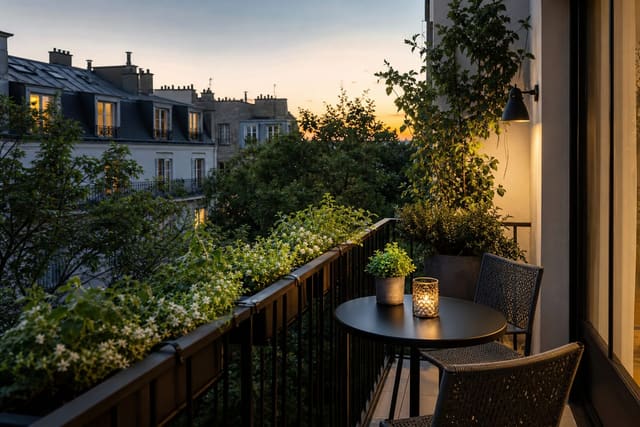 compact apartment balcony with a slim black bistro table, two woven chairs, rail planters, and warm evening lighting