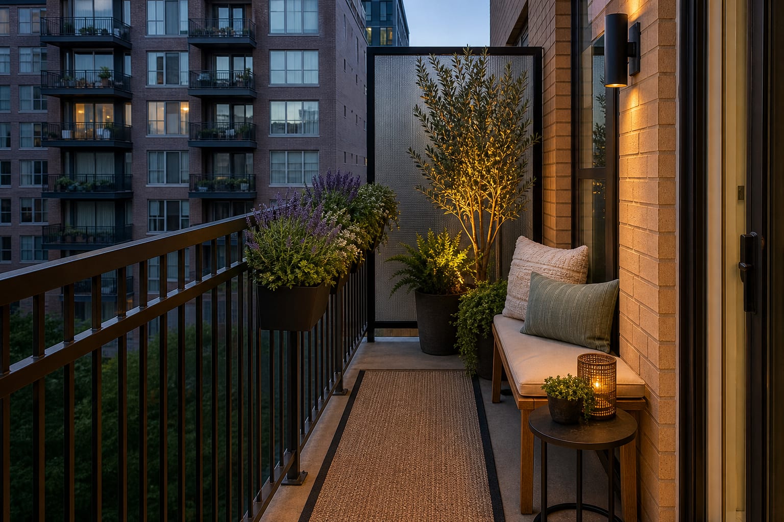 same balcony angle with a slim bench, rail planters, woven privacy panel, outdoor rug, side table, and warm evening lights
