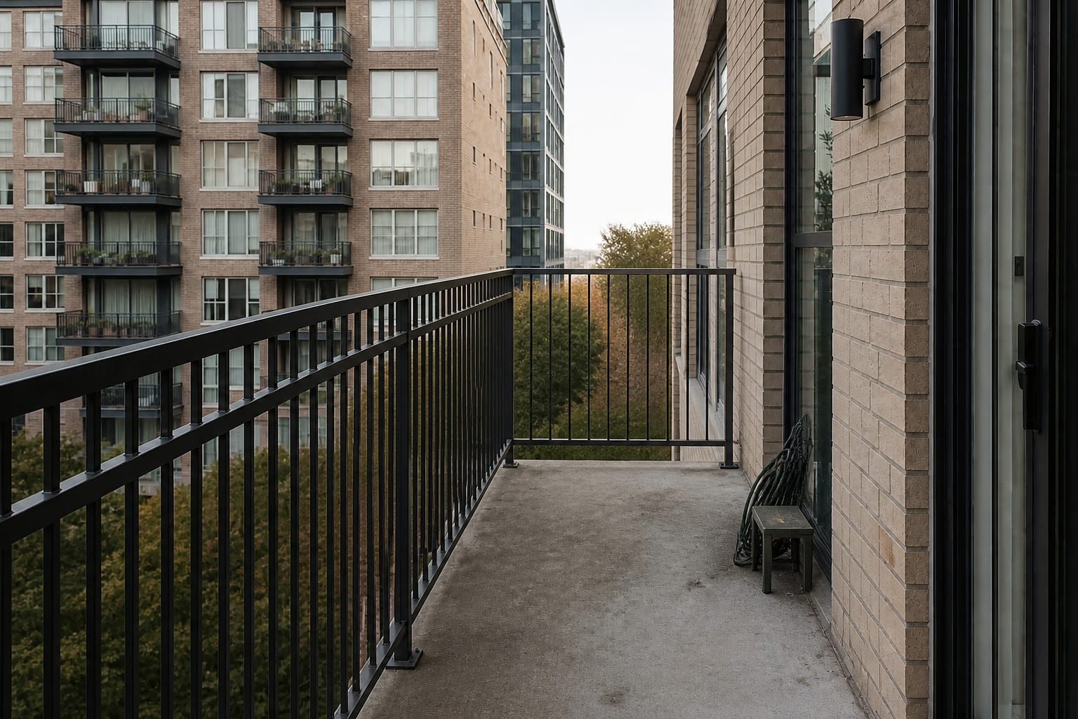 plain apartment balcony with bare concrete floor, empty railing, exposed neighboring view, and no seating or planting