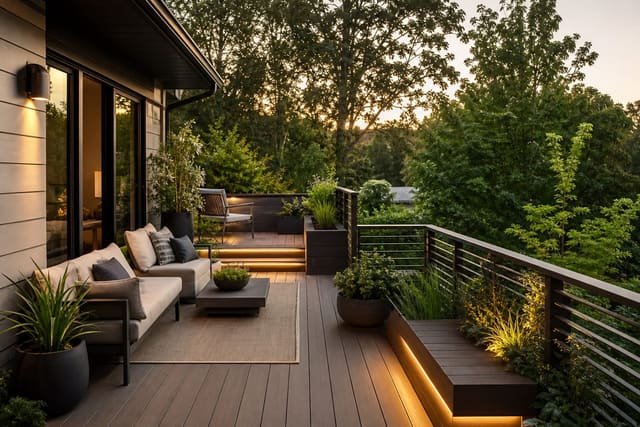 Balcony Design Ideas: Small Outdoor Spaces That Pack a Punch shown as a photorealistic outdoor redesign with layered materials, planting, lighting, and clear circulation