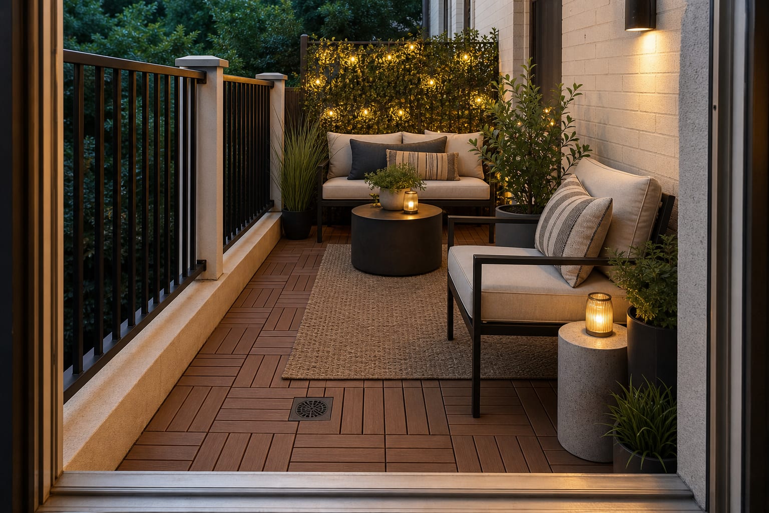 same balcony with interlocking wood-look deck tiles, a flatweave outdoor rug, compact seating, and clear drainage edges
