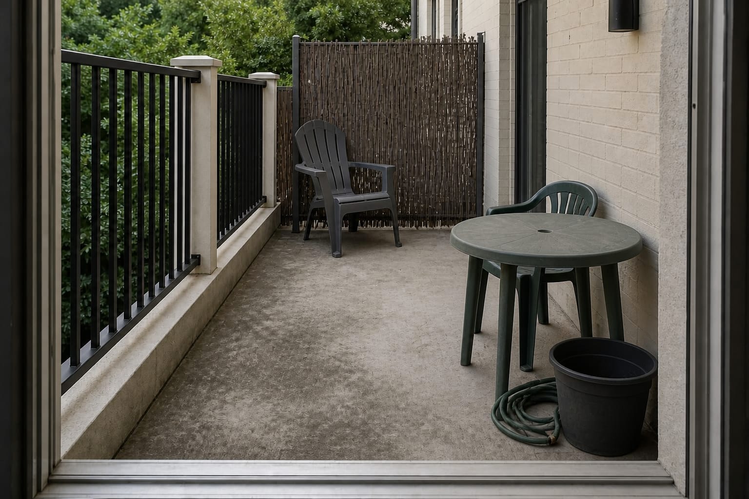 plain concrete apartment balcony with a stained slab, exposed railing posts, and mismatched small outdoor pieces
