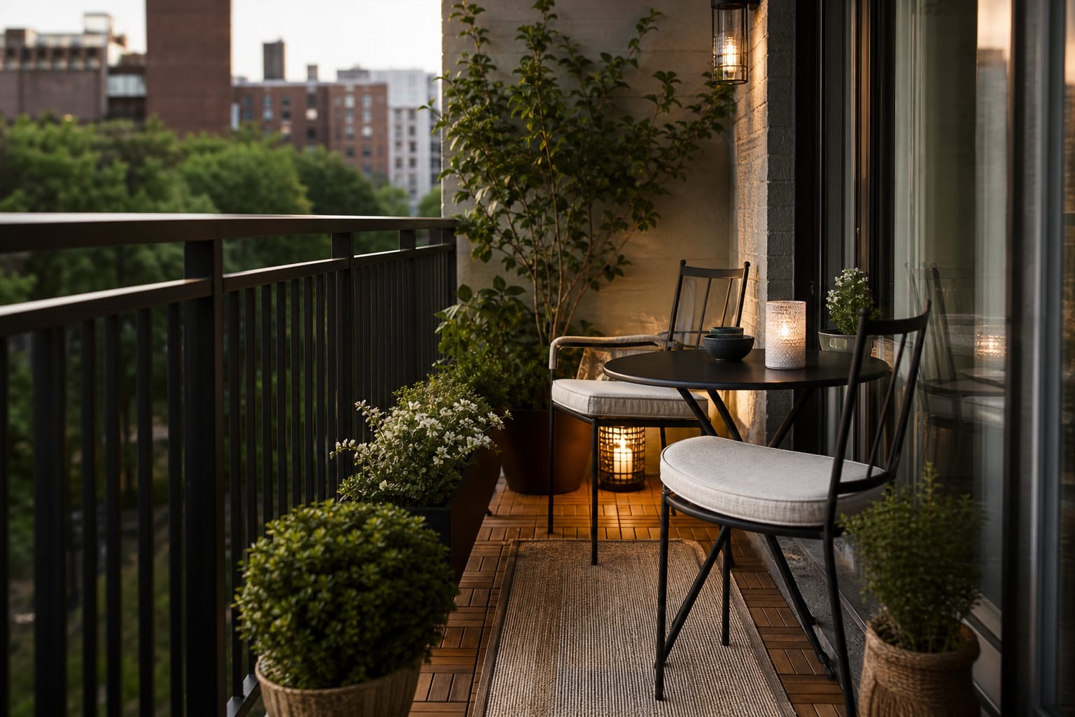 small apartment balcony with warm wood deck tiles, a slim outdoor rug, black railing, and compact bistro furniture