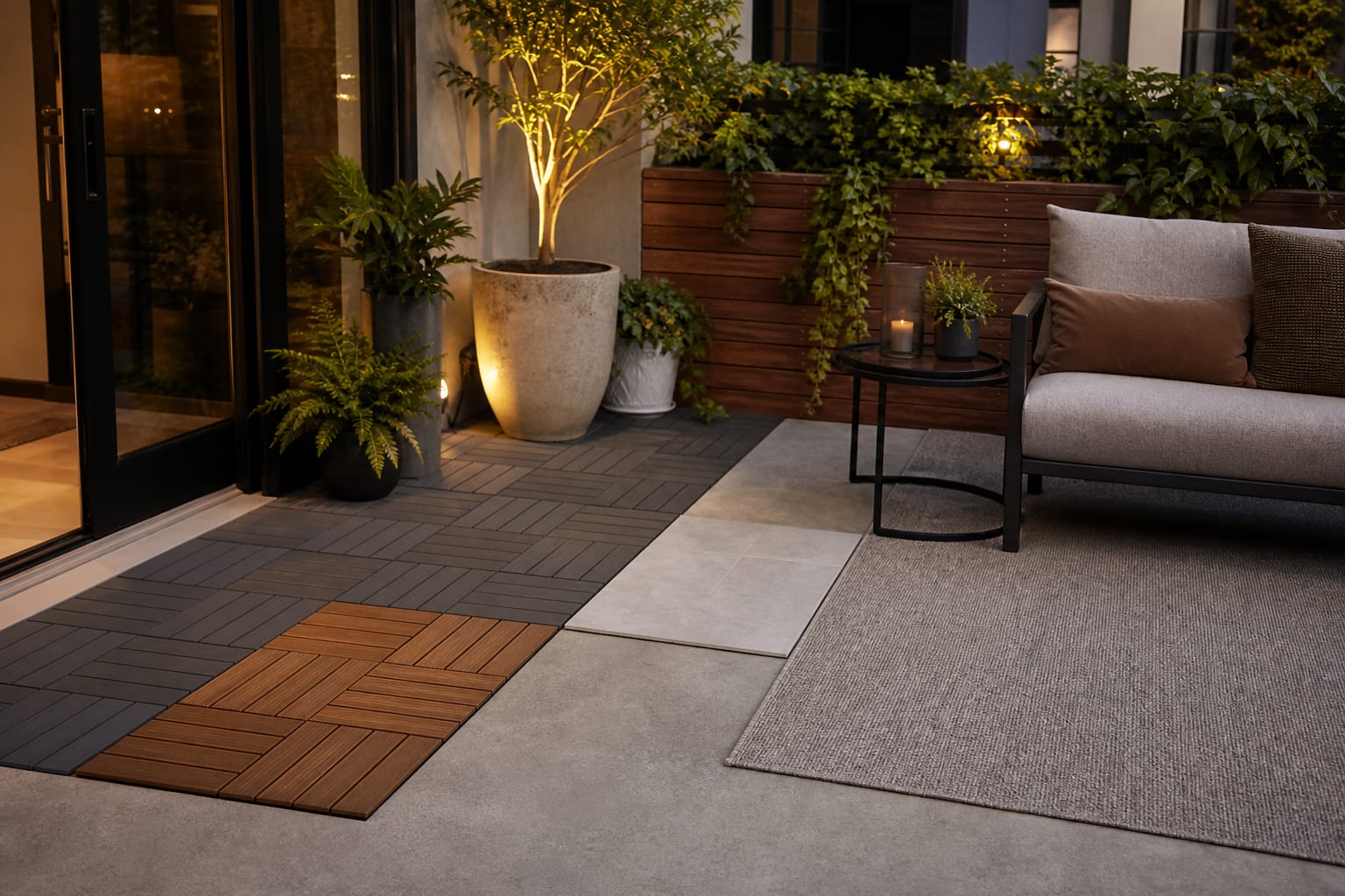 comparison of composite balcony deck tiles, natural wood tile, porcelain tile sample, and flatweave outdoor rug on concrete