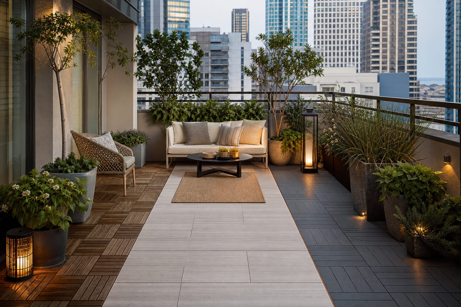 AI-style balcony preview showing three flooring options: wood deck tile, pale composite tile with rug, and dark modular tile