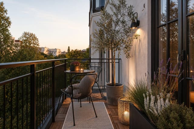 small apartment balcony with warm wood deck tiles, a slim outdoor rug, black railing, and compact bistro furniture