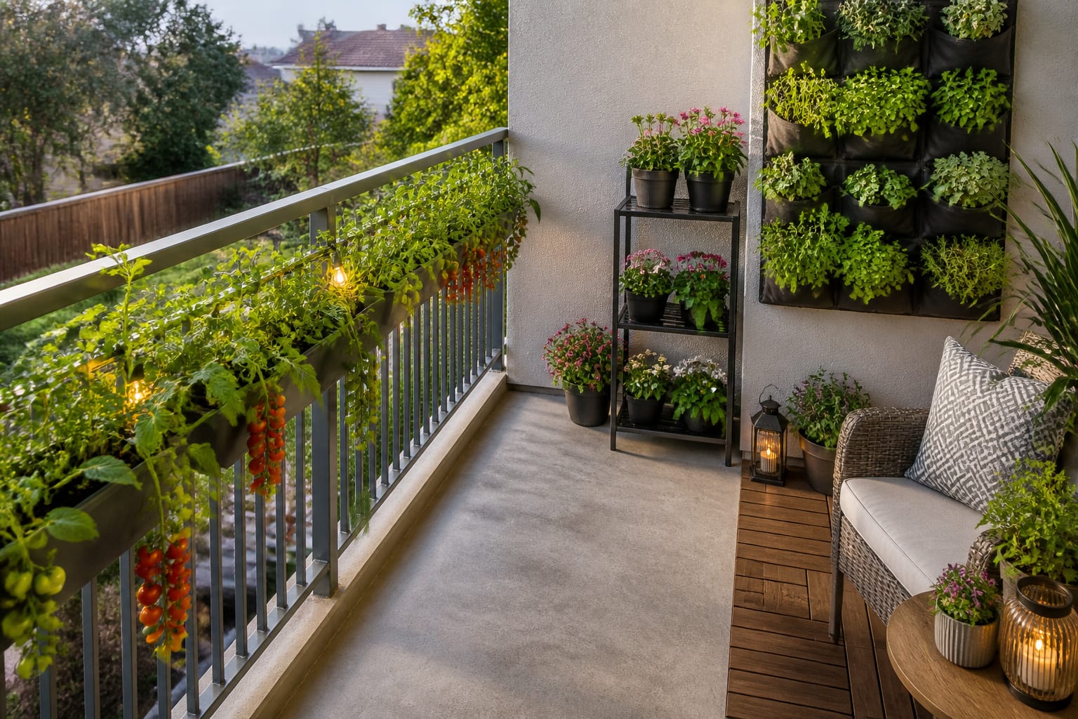 Same balcony filled with railing planters, a vertical herb wall, and a tiered stand of flowers after redesign