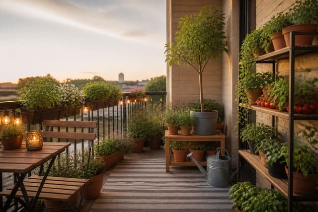 Balcony Garden Ideas: Growing Food and Flowers in Small Outdoor Space, shown as warm editorial Re-Design photography with believable residential scale, natural light, clear material detail, no overlaid text, no watermark