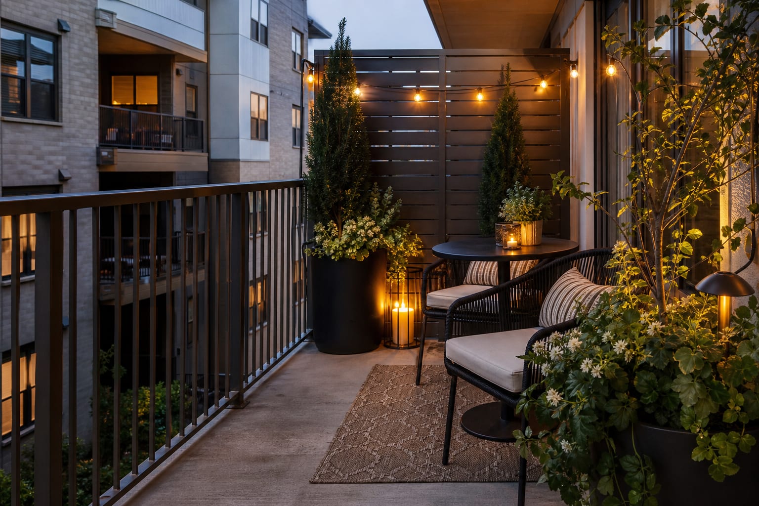 Same balcony with a side privacy panel, tall planted containers, compact bistro chairs, and soft evening lighting.