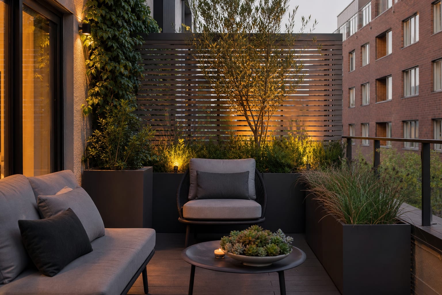 urban apartment balcony with slatted privacy panels, tall planters, compact seating, and warm evening lighting