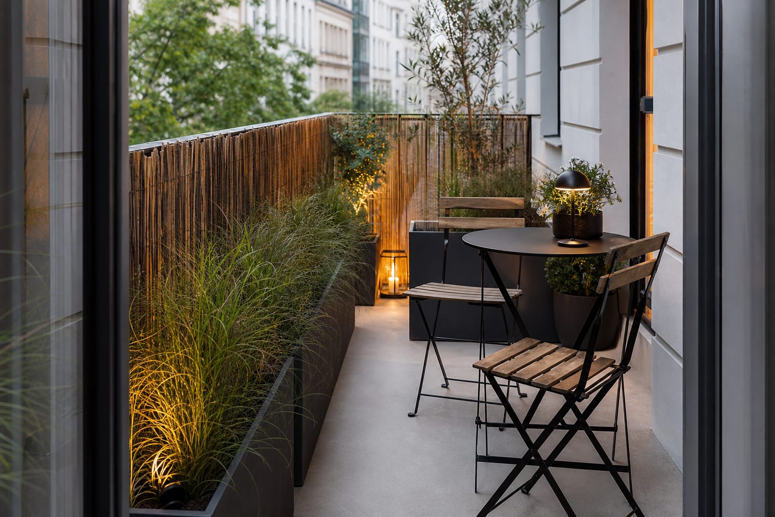 small balcony with reed railing screen, tall rectangular planters, folding bistro chairs, and a clear walking path