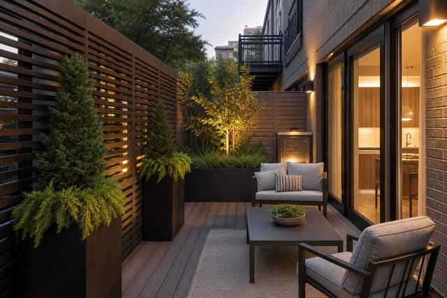 urban apartment balcony with slatted privacy panels, tall planters, compact seating, and warm evening lighting