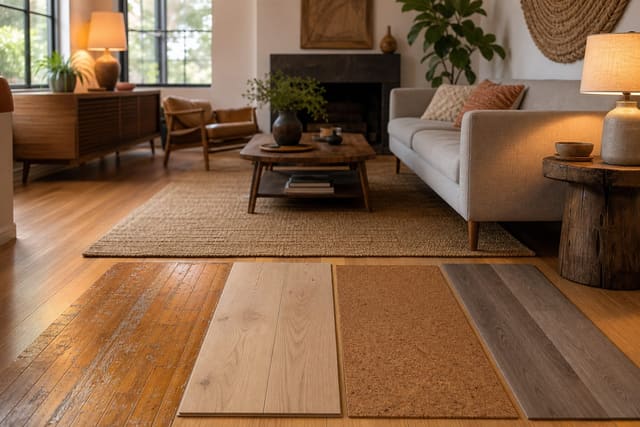 warm living room with worn bamboo flooring samples beside engineered oak, cork, and luxury vinyl plank replacements