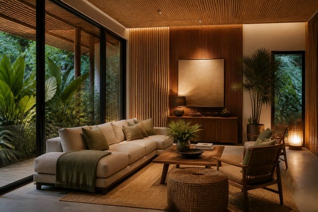Bamboo Interior Design: Sustainable, Strong, and Beautiful, shown as warm editorial Re-Design photography of a biophilic editorial residential interior design scene with believable residential scale, no overlaid text, no watermark