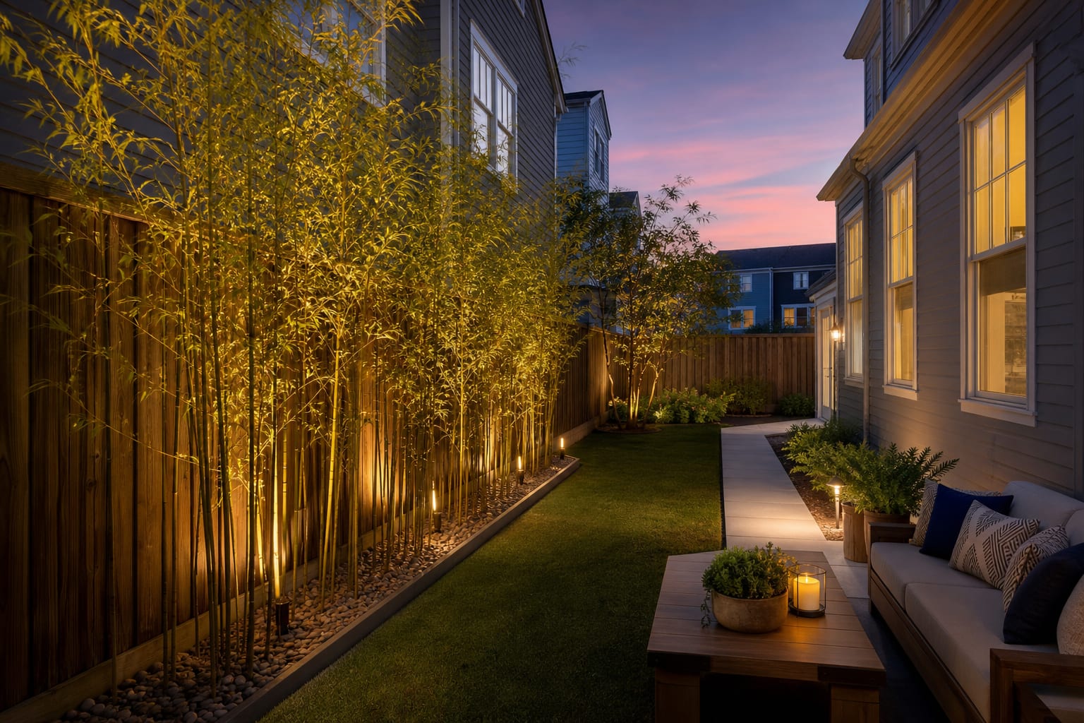 Same backyard boundary with clumping bamboo screen, gravel maintenance strip, low garden lighting, and a clearer path to the patio.