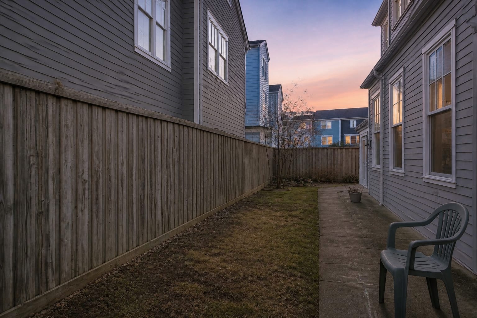 Narrow backyard side boundary with exposed fence panels, patchy grass, visible neighboring windows, and no layered planting.