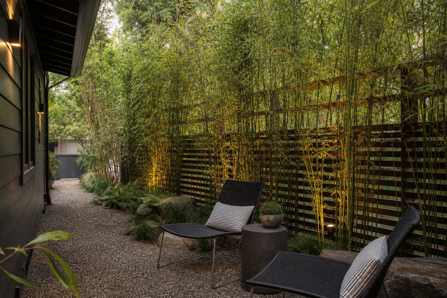 Layered backyard bamboo screen with gravel path, lounge chairs, and filtered privacy along a side boundary