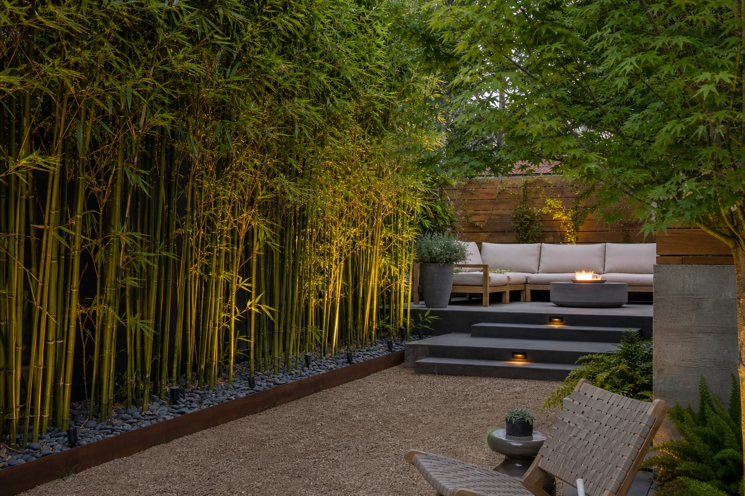 Backyard bamboo privacy bed with steel edging, gravel maintenance strip, and layered seating kept clear of the canes