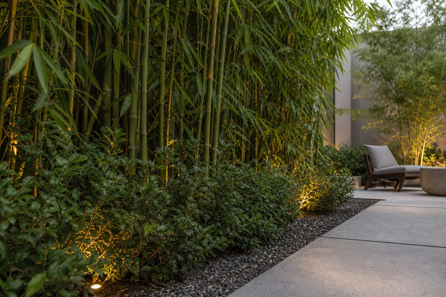 Close view of clumping bamboo planted in a gravel-edged bed with low shrubs covering the lower canes