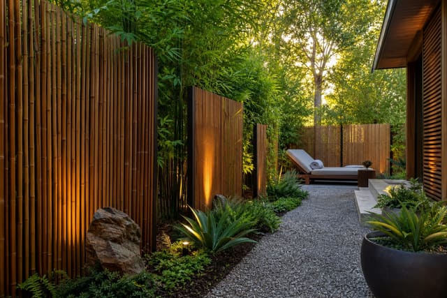 Layered backyard bamboo screen with gravel path, lounge chairs, and filtered privacy along a side boundary