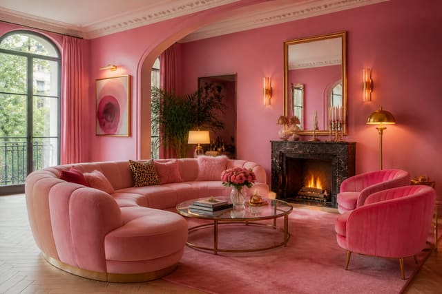 Editorial interior photograph showing barbiecore interior design: the bold pink playbook in a real whole home, with barbiecore materials, layered warm lighting, styled furniture, and a magazine-quality residential composition.