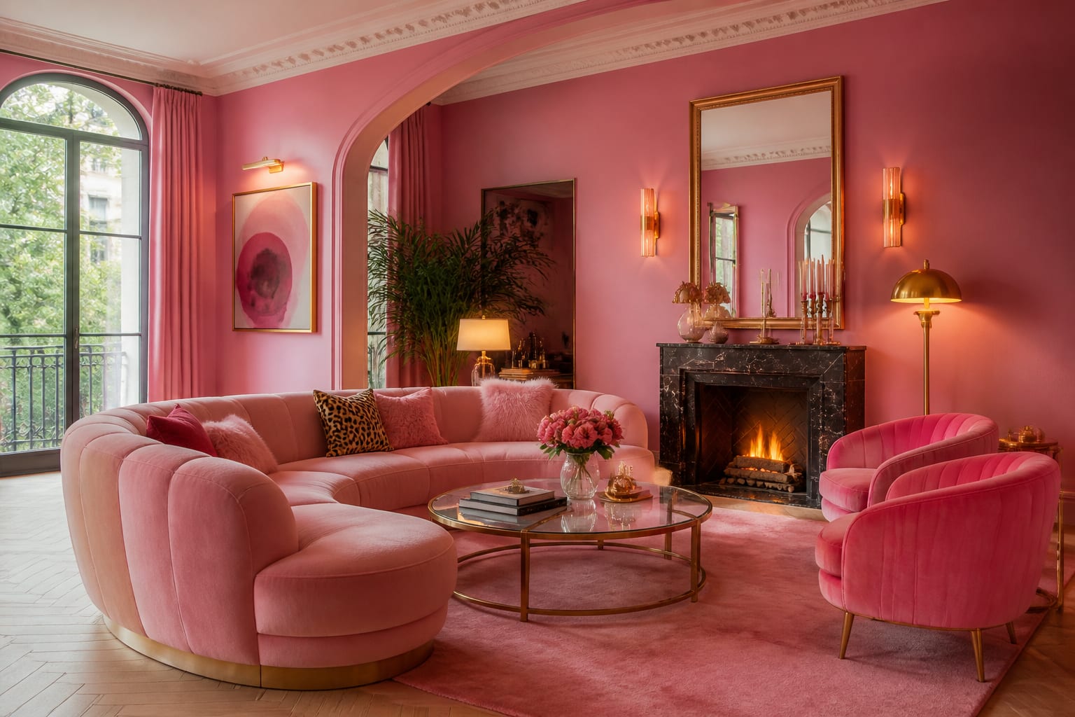 Editorial interior photograph showing barbiecore interior design: the bold pink playbook in a real whole home, with barbiecore materials, layered warm lighting, styled furniture, and a magazine-quality residential composition.