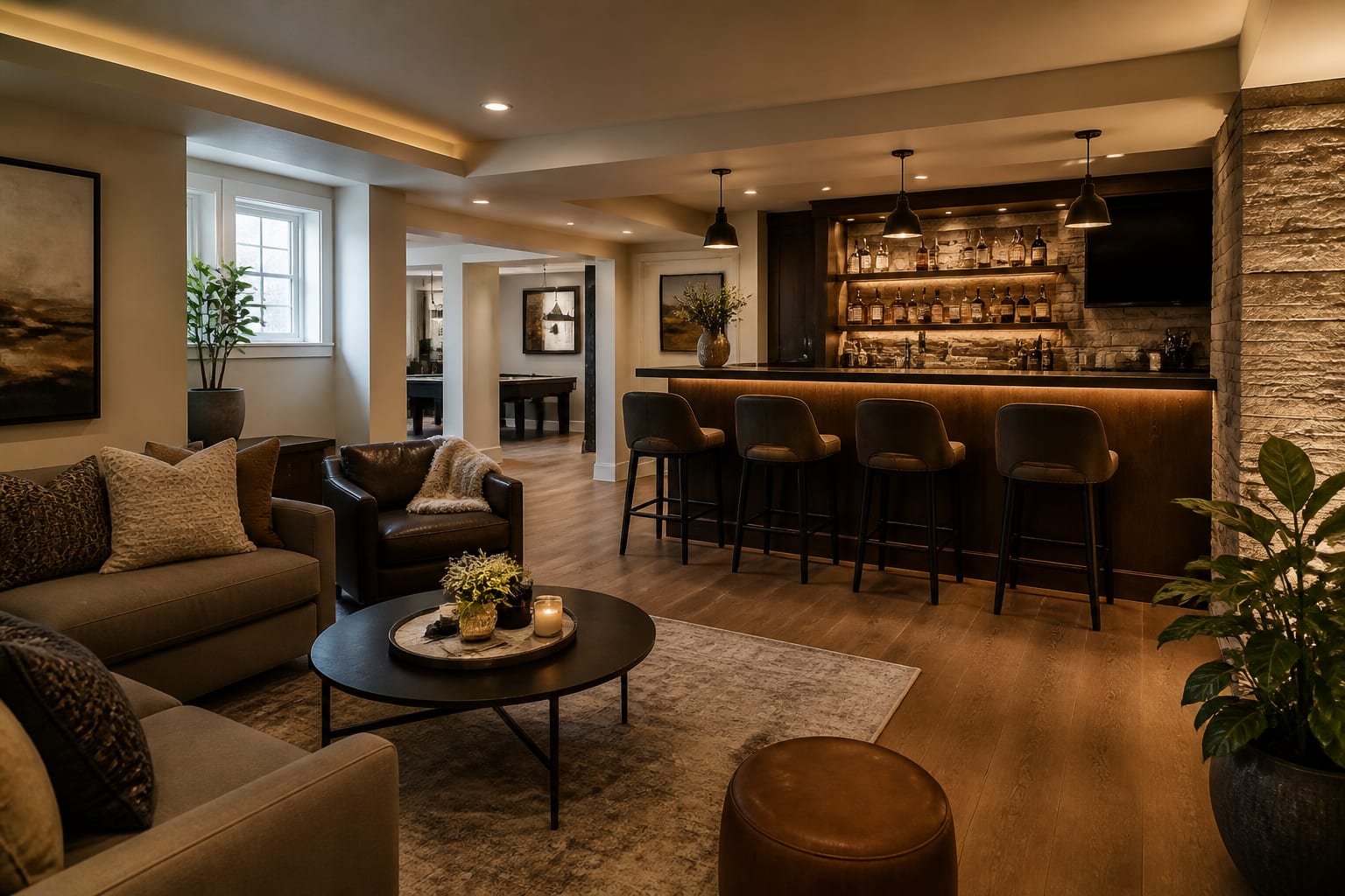 Editorial interior photograph showing basement bar ideas in a real basement bar, with finished basement materials, layered warm lighting, functional furniture placement, and a magazine-quality residential composition.