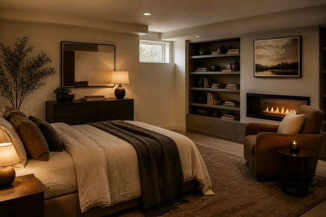 Finished Basement Bedroom Ideas in a basement, shown as a warm editorial Re-Design concept