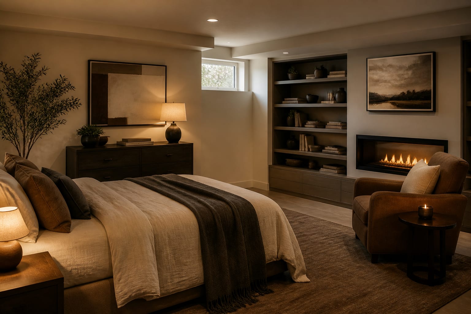 Finished Basement Bedroom Ideas in a basement, shown as a warm editorial Re-Design concept