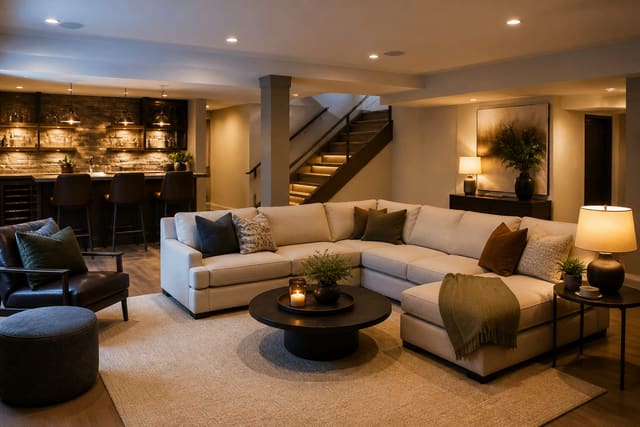 Editorial interior photograph showing basement finishing ideas in a real finished basement, with finished basement materials, layered warm lighting, functional furniture placement, and a magazine-quality residential composition.