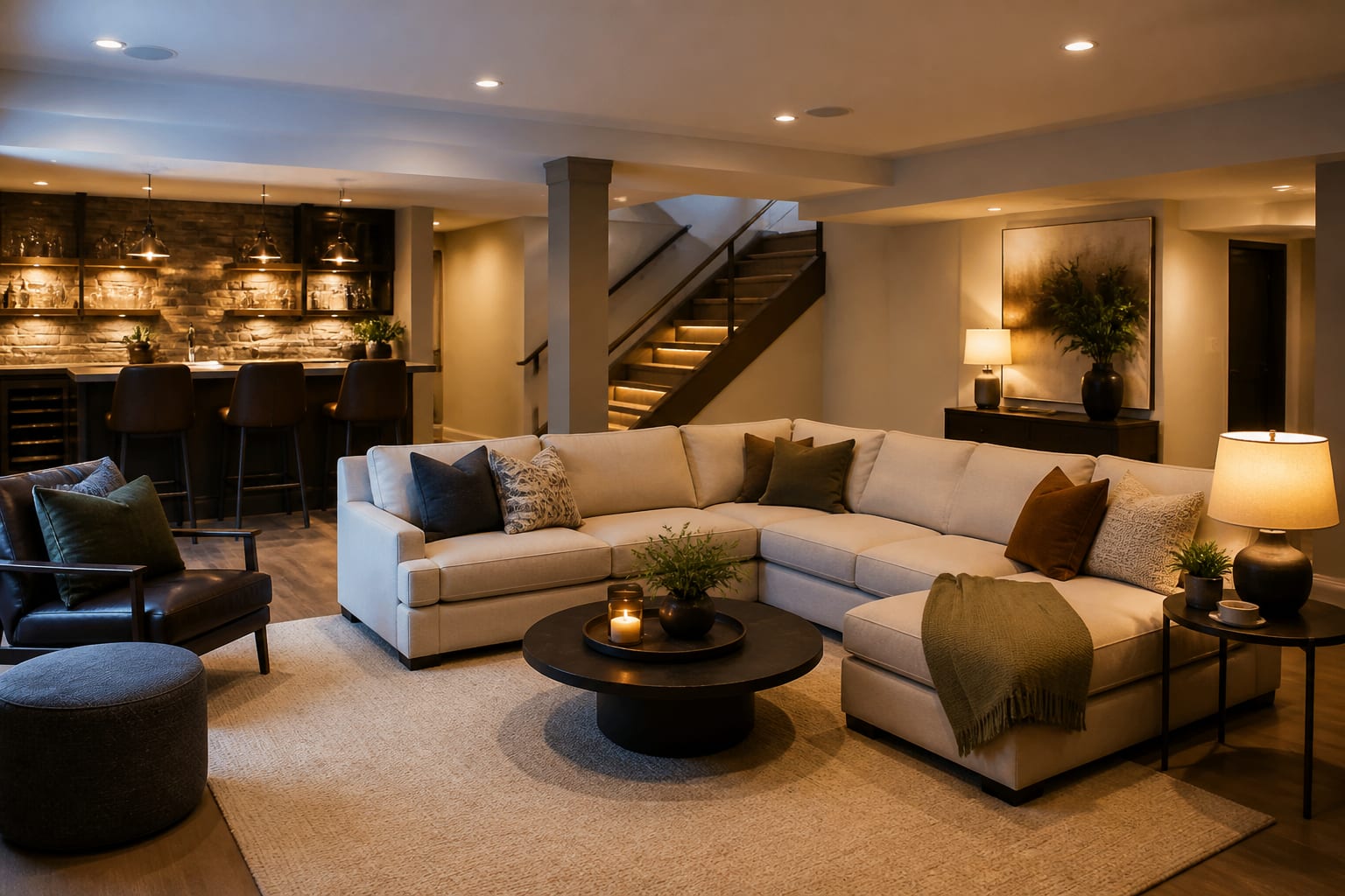 Editorial interior photograph showing basement finishing ideas in a real finished basement, with finished basement materials, layered warm lighting, functional furniture placement, and a magazine-quality residential composition.