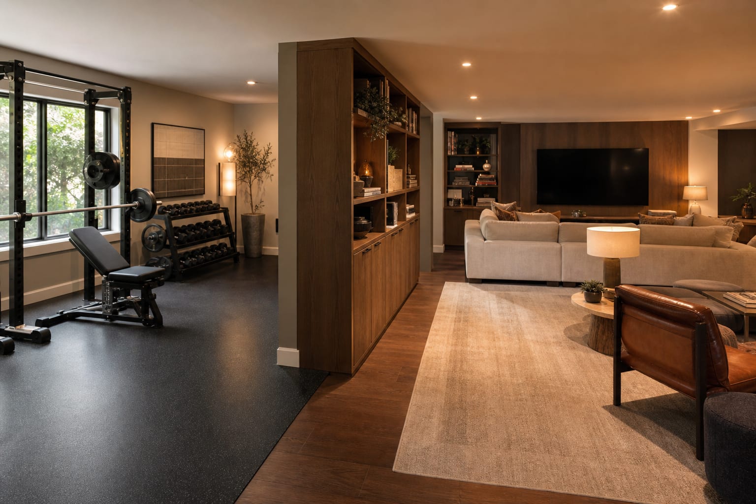 basement divided into a rubber-floored gym zone and a warm media lounge with storage between them