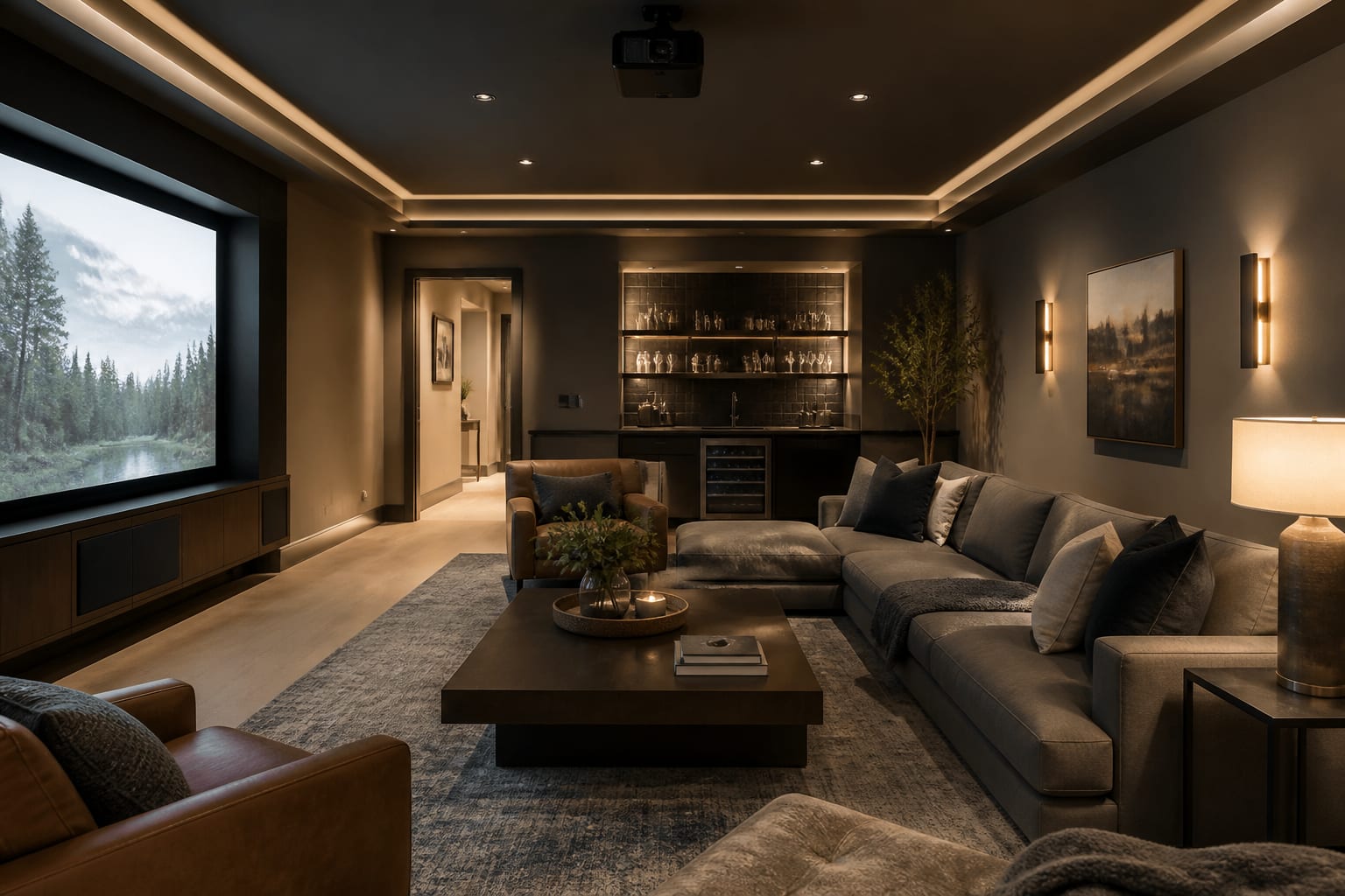 Editorial interior photograph showing basement home theater ideas in a real basement home theater, with finished basement materials, layered warm lighting, functional furniture placement, and a magazine-quality residential composition.