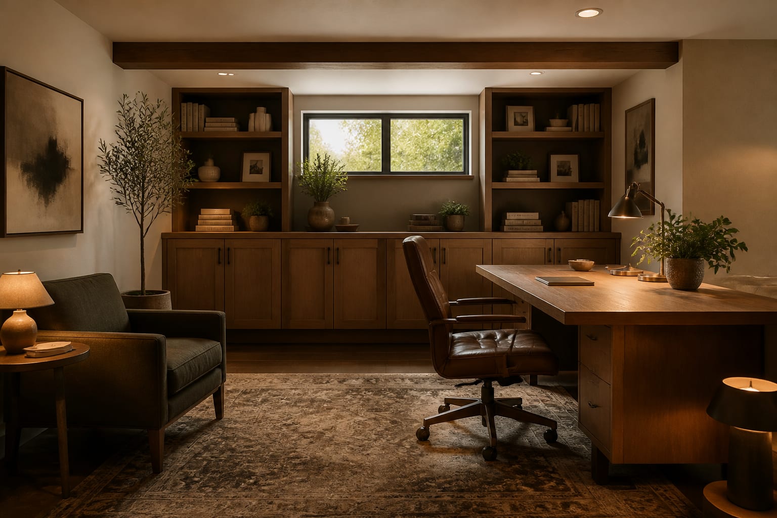 Basement Office Ideas in a basement home office, shown as a warm editorial Re-Design concept